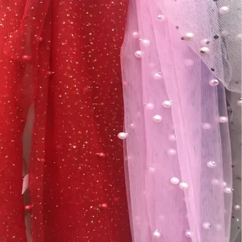 

Pink Red Bronzing Beaded Lace Fabric For Sewing Wedding Dance Dress DIY Cloth Fabric 10Yards