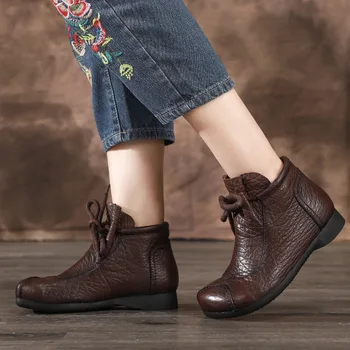

QPFJQD Women Genuine Leather Platform Boots 2020 New Spring Winter Lace-up Square Toe Sewing Shoes Handmade Ankle Short Boots