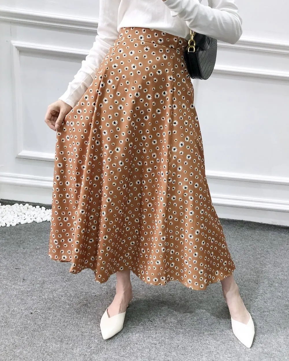 

F5308-Western Style WOMEN'S Dress 2019 Summer New Style Long High-waisted Daisy Printed Big Hemline Skirt