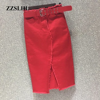 

Spring Summer Casual Women Lady Red Black Green High Waisted Tassel Stretch Pencil Denim Skirt , Womens Elastic Jeans Skirts
