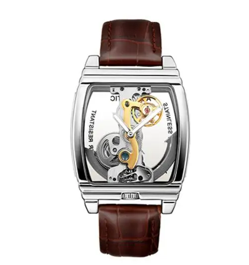 Элитный бренд Для мужчин механические часы на высоком каблуке; Модные прозрачные Самовзводные часы на запястье с кожаным ремешком часы для Бизнес - Цвет: brown silver