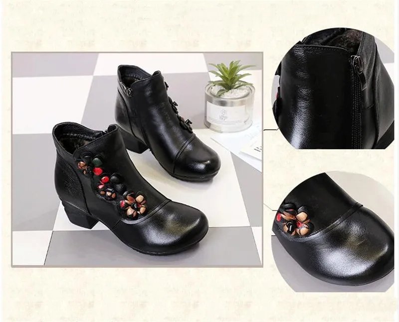 YAERNI Autumn Winter Shoes Woman Cow Leather Flower Shoes Comfort Med Heel Ankle Boots Genuine Leather Fashion Shoes women