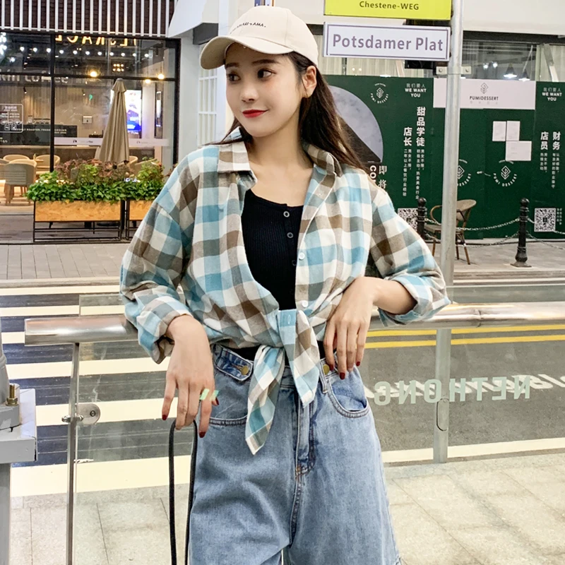 Новая Осенняя рубашка для женщин Harajuku розовые клетчатые рубашки свободные рубашки с длинными рукавами хлопковые школьные рубашки для девочек Женская блузка#036