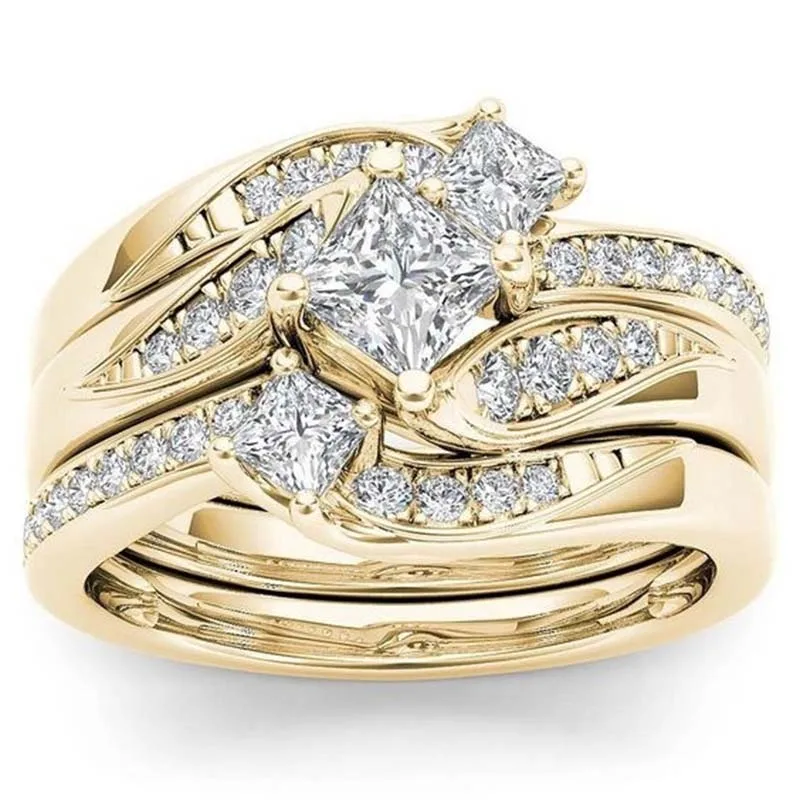 Princess 3Pcs set Charm Yellow Gold Ring Anniversary Gift Engagement Bridal Wedding Rings Jewelry For Women | Украшения и