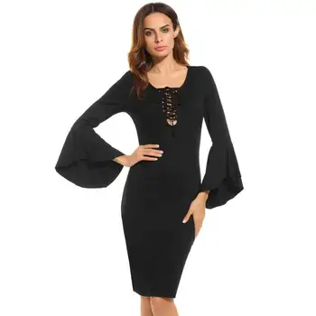 

Daily suit OWLPRINCESS 2019 Europe and sexy dress pure color horn sleeve with v-neck cultivate one's morality dress