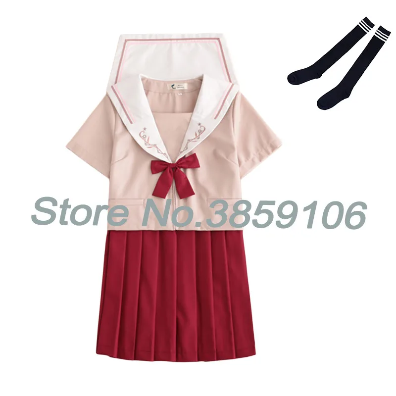 Short A with Socks UPHYD/красная японская школьная форма для девочек; милая одежда в стиле Лолиты; Корейская униформа для косплея; рубашка+ плиссированная юбка; комплект школьной формы - Цвет: Short A with Socks