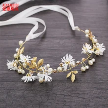 AINAMEISI Gold Leaf Headband Red White Daisy Flower Pearl Tiaras Bridal Hair Jewelry Wreath Headpiece Wedding Hair Accessories