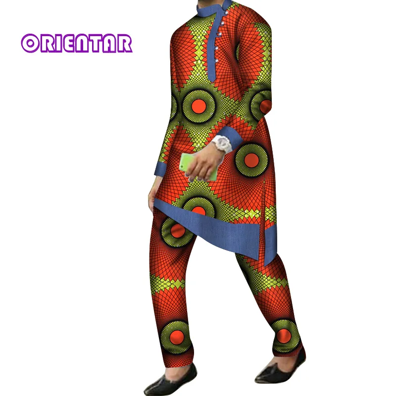 2 Pieces Set Men African Clothes Long Sleeve Shirt and Pants Traditional African Bazin Riche Print Dashiki Suit Trousers WYN844