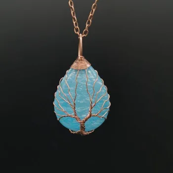 

2020 copper wire winding water drop tree of life ripple Necklace resin energy stone necklace good luck pendant 005