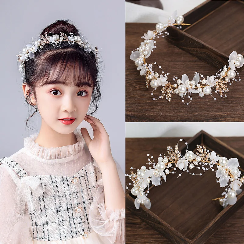 Golden Flower Pearl Headband Tiara Crown Wedding Bridal Princess Headbands Hair Jewelry Crystal Accessories Bride Headdres | Украшения и