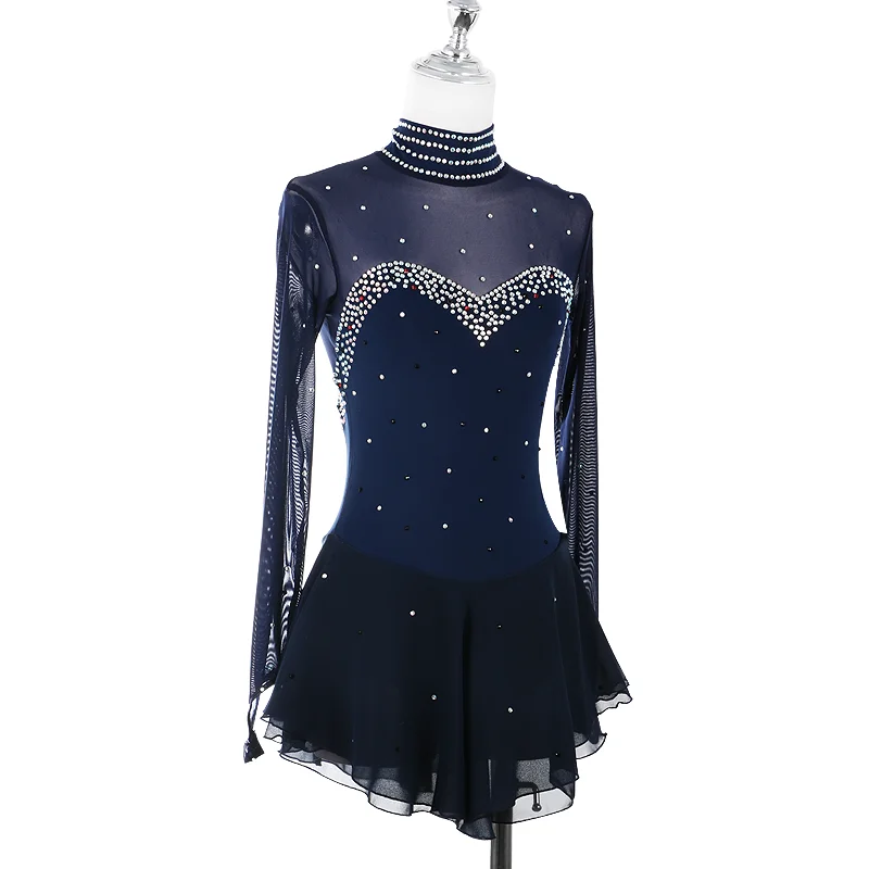 Navy Blue Red Figure Skating Dress For Women And Girls Long Sleeve Ice Figure Skating Clothes With Rhinestones ice skating costume