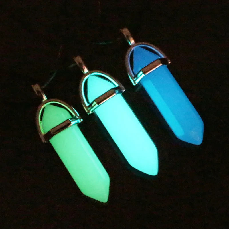 Luminous Fluorescent Natural Gem Stone Quartz Bullet Hexagonal Pendulum Pendant Necklace men's women's Glow in the dark Charm