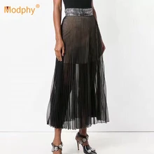 Осенняя женская модная черная плиссированная юбка миди с завышенной талией и бусинами, дикая одежда из тюля, женские повседневные юбки