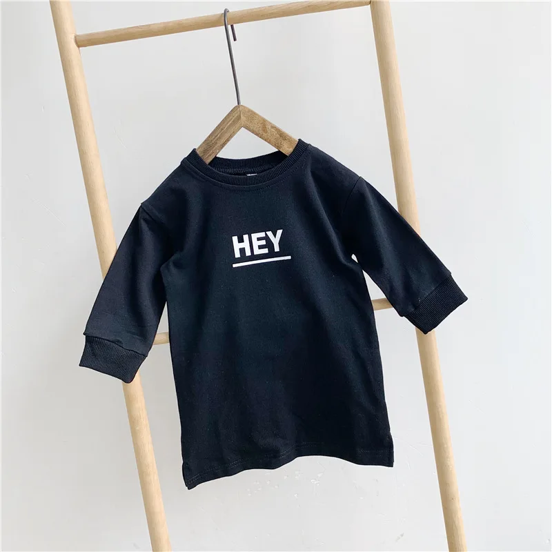 Korean Style Autumn Girls Pure Cotton Long T Shirts Kids Letters Printing Casual Tops Clothes - Цвет: Black