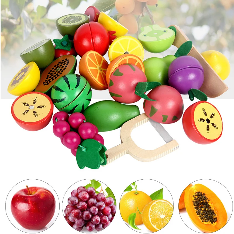 New Magnetic Wooden Fruit Vegetable Combination Cutting Toy Set Children Play Pretend Simulation Round Basket Fruit Kits D101