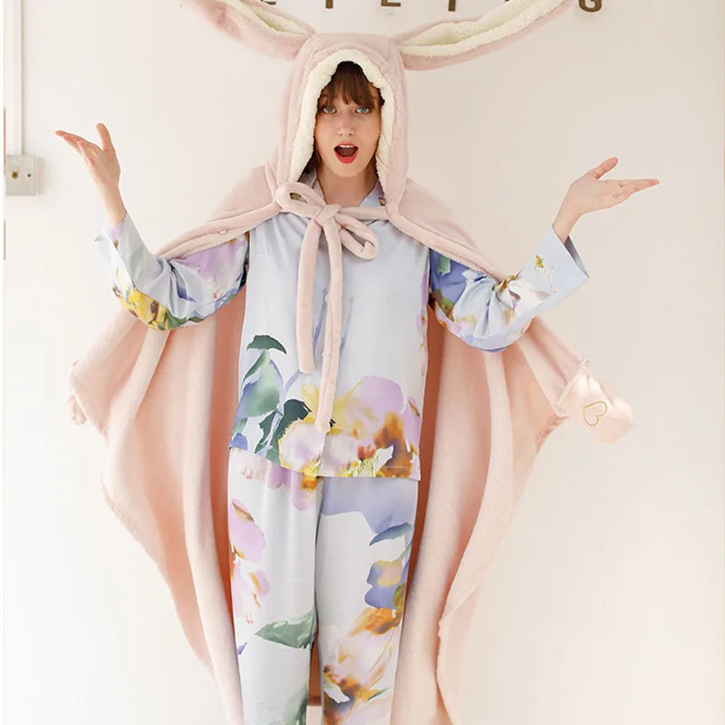 Зимняя женская пижама, фланелевая теплая утепленная Домашняя одежда, милый плащ-Мантия с розовыми заячьими ушками, женская домашняя пижама