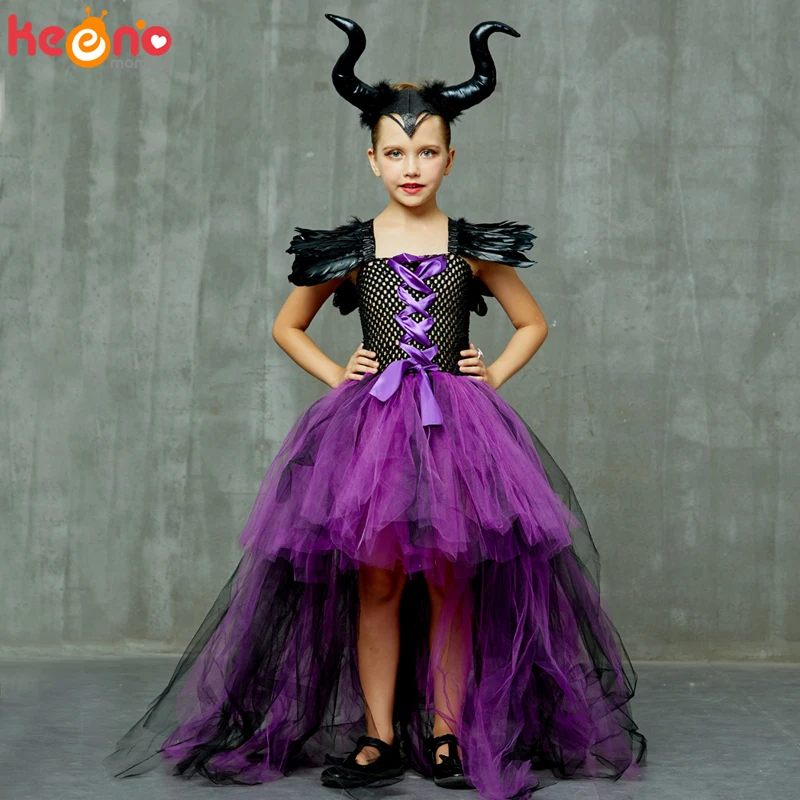 Платье-пачка для девочек на Хеллоуин «Maleficent Evil Dark queen» с рогами «Wicked Witch»; Детские вечерние костюмы для костюмированной вечеринки; нарядная одежда