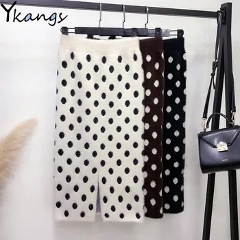 

Vintage Spring Retro White Polka Dot Black Skirt Office Ladies Work midi pencil skirt Streetwear Elastic Waist Knit Skirts saia