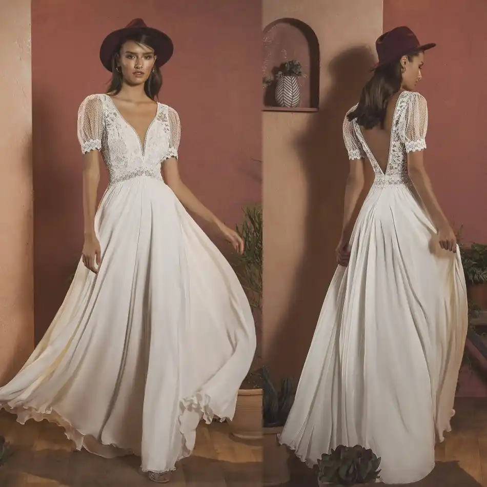 Vestidos De Novia De Estilo Bohemio 2020 Escote En V Mangas Acampanadas Apliques De Encaje Vestidos De Novia Sexis Sin Espalda Hasta El Suelo Vestido De Novia De Corte A Aliexpress