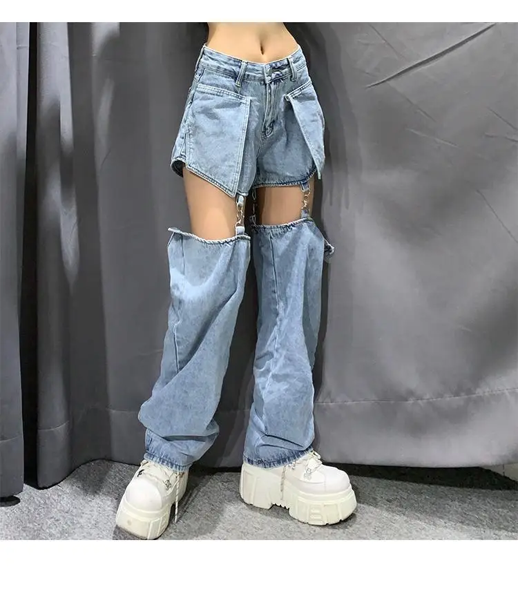 Gran venta Vaqueros altos de calle mujeres empalme pantalones de pierna ancha Hip-hop algodón holgado Retro cadena extraíble chicas Cool pantalones nuevos R6qXXVzwl