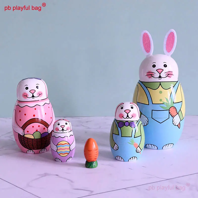 PB Playful Bag Five layer cartoon rabbit animal Russian Doll Wooden home decoration crafts Children's fun toys gift HG187 japanese girl animal matryoshka doll elephant snowman girls russian doll 5pcs set cow wooden stacking dolls brithday gifts