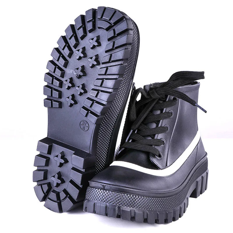 Rouroliu Ankle Rain Boots Women Hot Fashion Waterproof PVC Shoes Non-Slip Work Water Boots Lace-up Rain Boots
