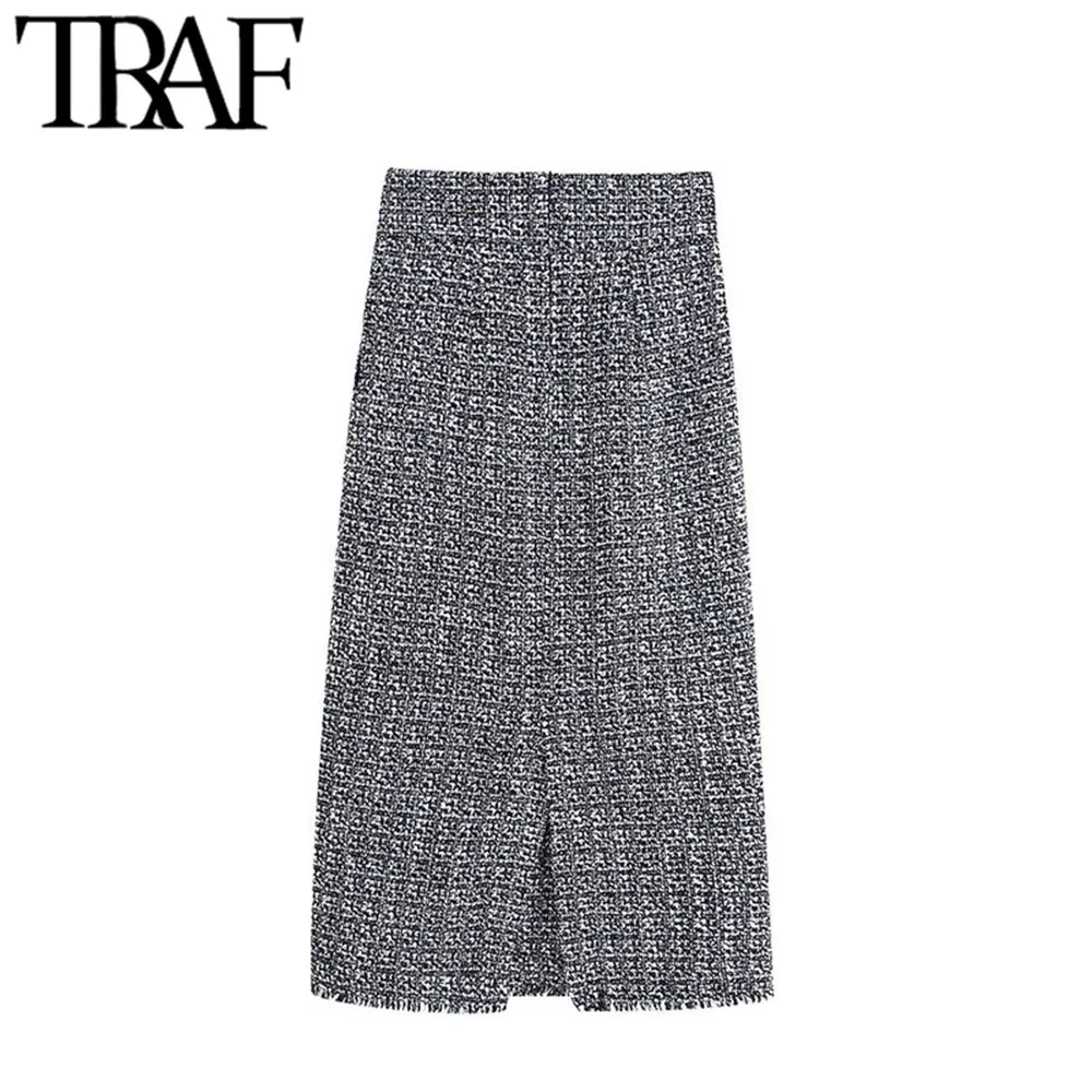 TRAF, женская, винтажная, элегантная, с бахромой, твидовая, в клетку, юбка миди, модная, высокая талия, сзади, с отверстиями, женские юбки, на каждый день, Faldas Mujer
