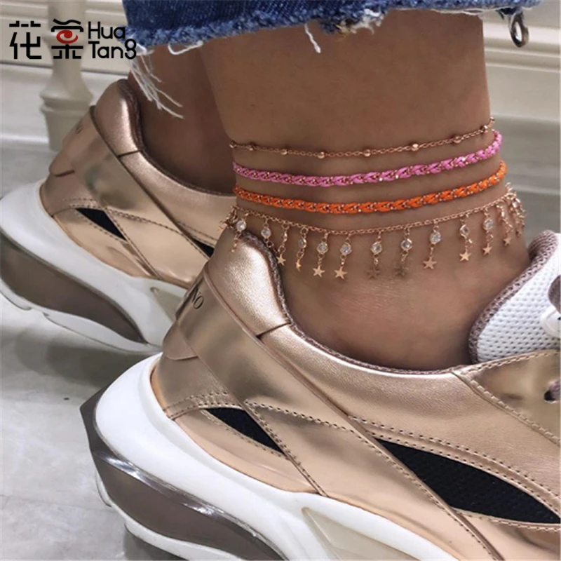 

HuaTang Pink Orange Rope Crystal Star Boho Anklets for Women Multi-layer Chain Pendant Foot Bracelet Jewelry Tobillera 8497