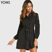 YOINS, женское кружевное лоскутное платье, весна-осень, сексуальное, с отворотом, OL, для работы, с длинным рукавом, мини платья, черное, Vestidos размера плюс, Халат