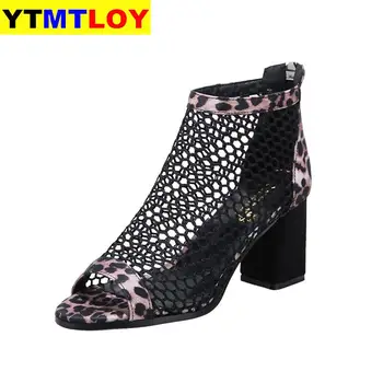 

2020 Women Sandals Square High Heel Summer Shoes Woman Sexy Flower Lace Hollow Peep Toe Gladiator Sandalias Casual Leopard
