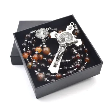 

Black Agate 8mm Natural Stone Beads Necklace with Gift Box St Benedict Catholic Men Rosary