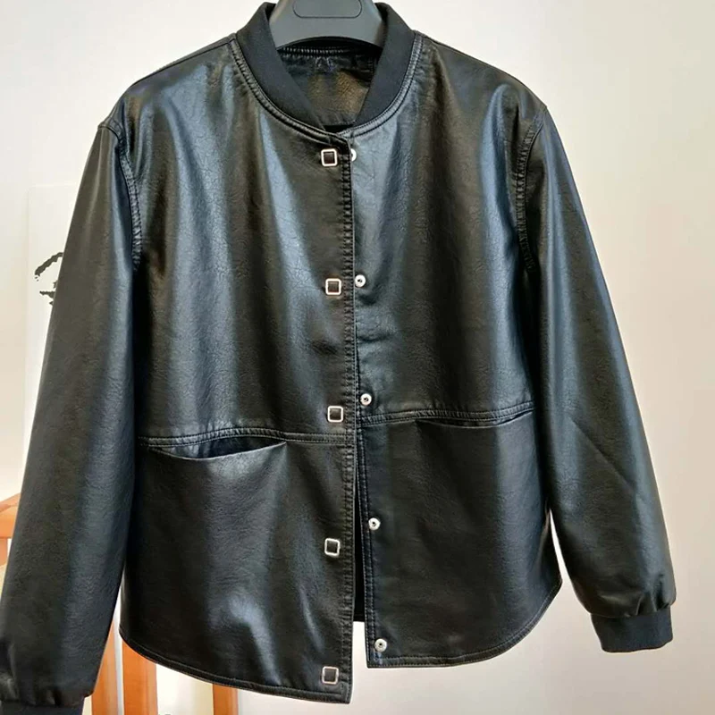 Мотоциклетное пальто короткая куртка из искусственной кожи Байкерская Женская однотонная верхняя одежда на молнии Весенняя верхняя одежда черный
