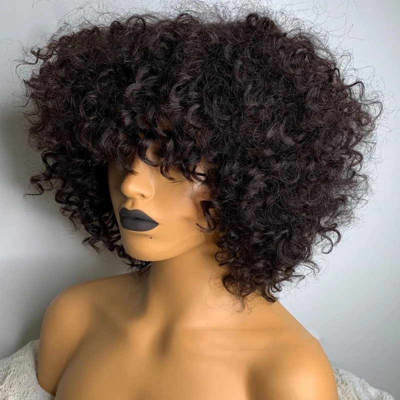 Short Curly Pixie Cut Bob Human Hair Wig With Bangs Full Machine Wigs For Black Women Remy PrePlucked With Baby Hair Brazilian human hair wigs