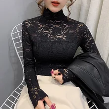 Cheap Sexy Women Mesh Lace Base Shirt Long Sleeve Transparent Undershirt Net Hollow Out Bottoming Shirt Half Turtleneck Tops Base