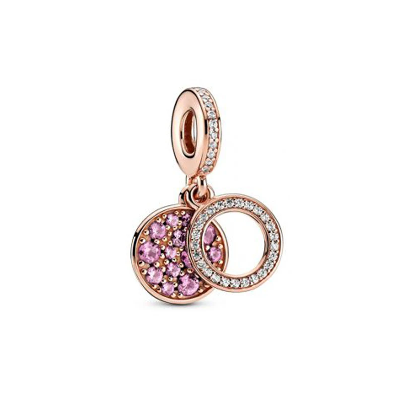 

2020 Winter New 925 Sterling Silver Beads Sparkling Pink Disc Double Dangle Charm fit Original pandora Bracelet Women Jewelry