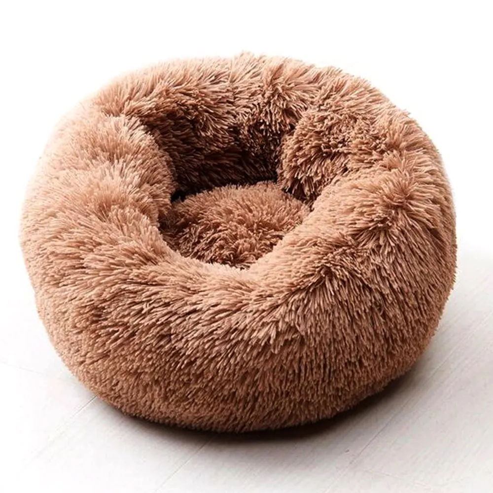 Winter Warm Pet Sleeping Beds Dog Cat Round Long Plush Thick Bed Super Soft Puppy Dogs Cats Cushion Pad Portable Pets Supplies - Color: Dark Coffee