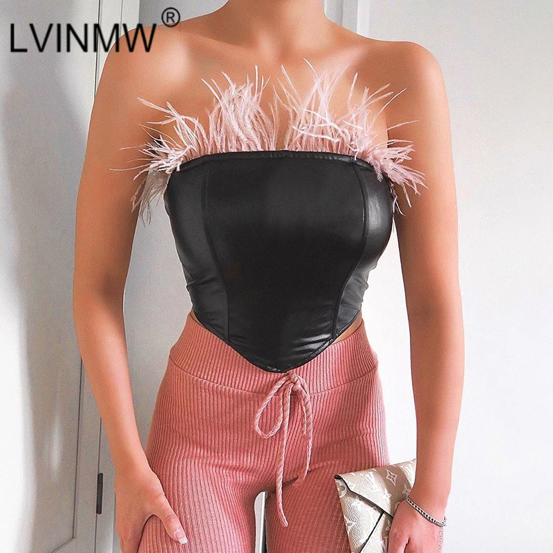 LVINMW сексуальный черный топ из искусственной кожи с вырезом лодочкой и перьями в стиле пэтчворк без бретелек с открытой спиной Тощий топ-труба женская модная одежда топы