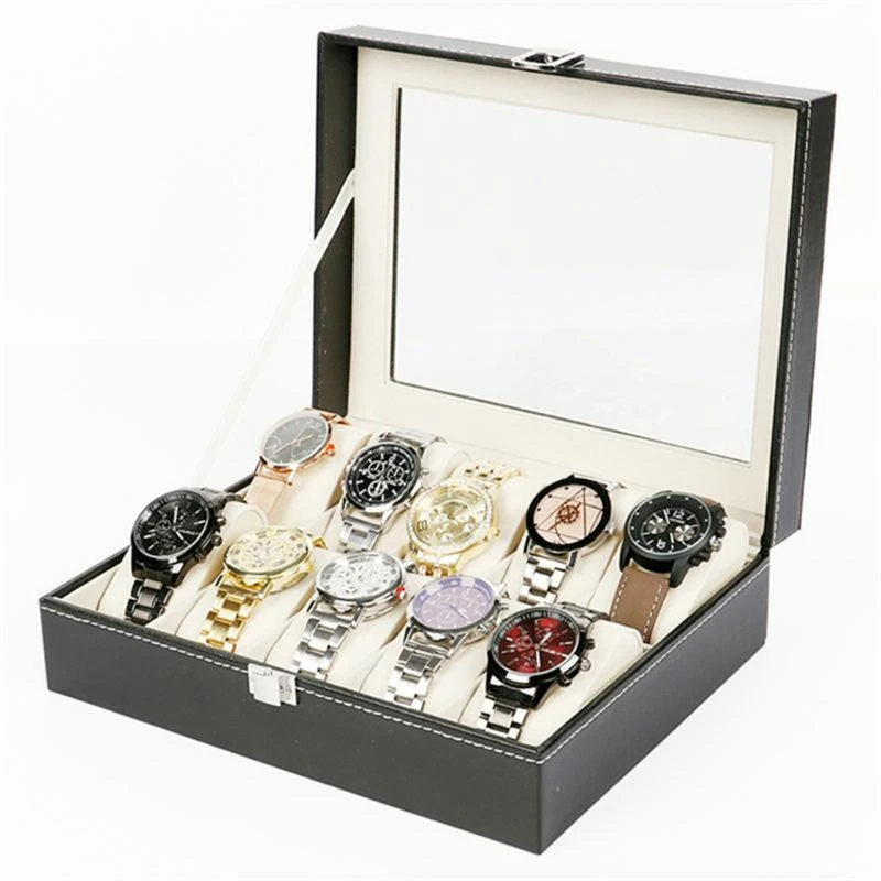 Watch Storage Box Leather Storage Box 10 Grids Watch Box PU Leather Watches Display Case Jewelry Holder Storage with Lock