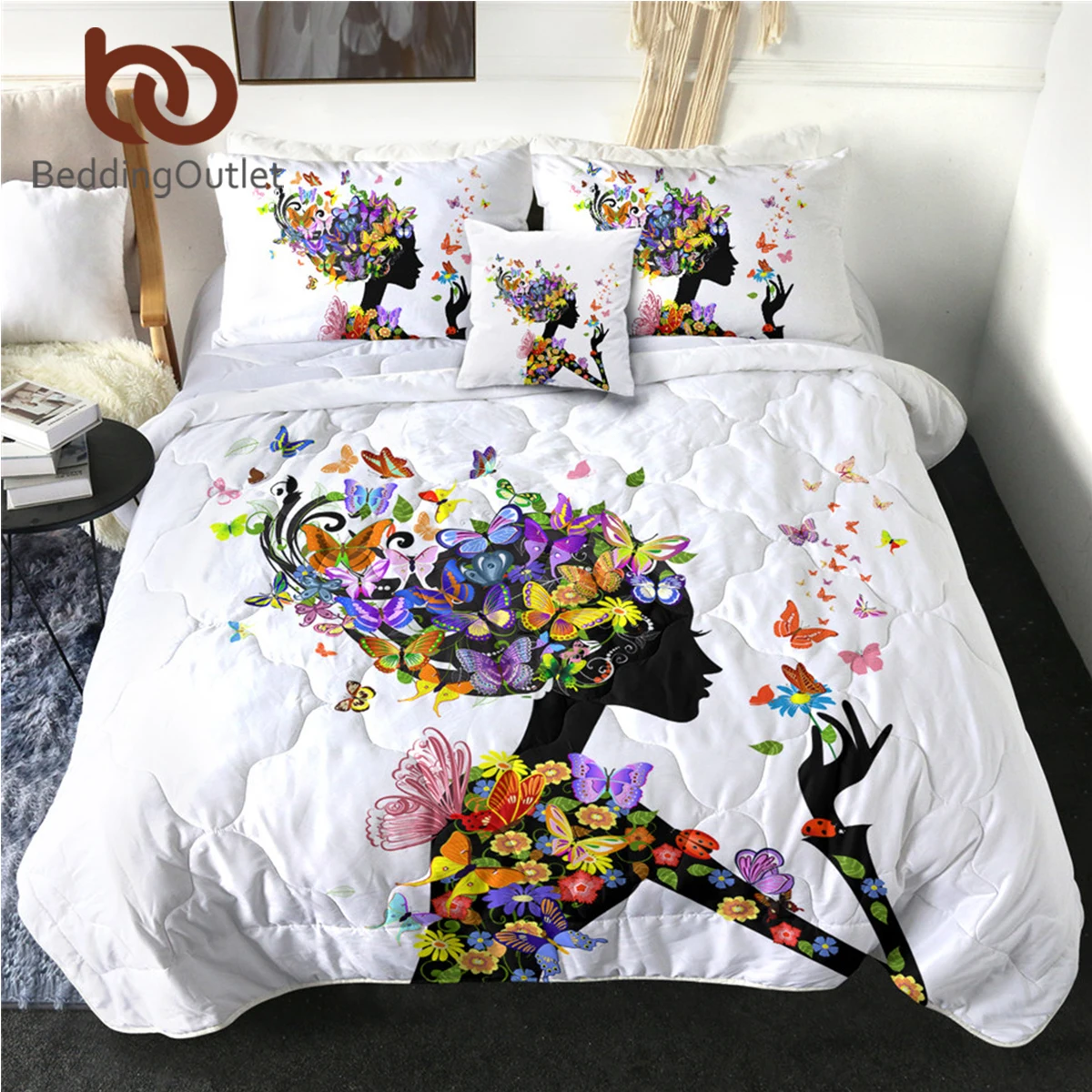 

BeddingOutlet Beautiful Girl Quilt Butterfly Summer Blanket Floral Bedding Set 4-Piece Air-conditioning Colorful Comforter Set
