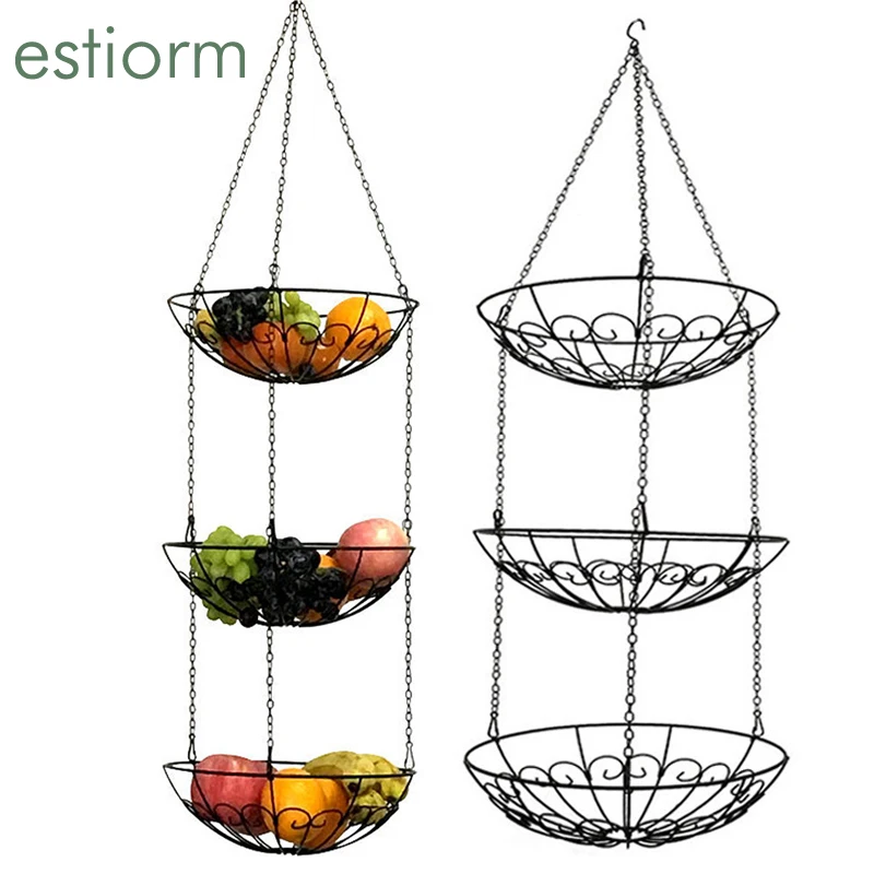 Подвесная корзина для кухни и растений трехуровневая большая металлическая фруктов подвесная компактная