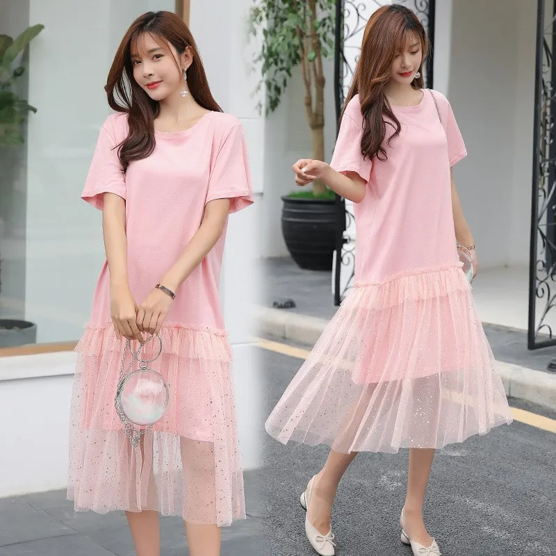 

Korean-style Loose Short Sleeve Summer Skirt New Style Korean-style Fashion Mid-length Cotton Blended T-shirt Dress Gauze Long S