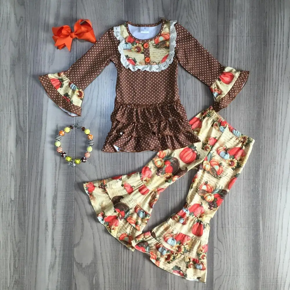 

children Girls Halloween clothes girls brown top shirts with pumpkin print bell-bottoms pant mathing accessories