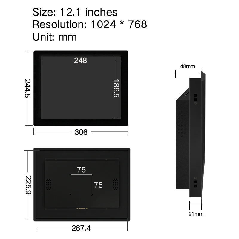 12 12.1 인치 산업용 디스플레이 단일 터치 스크린 산업용 모니터 VGA HDMI DVI USB 버클 장착 1024*768