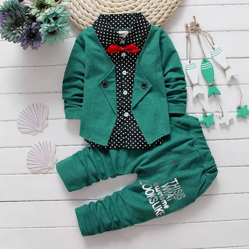 Костюм для малышей весенне-осенние комплекты одежды для маленьких мальчиков детские футболки с галстуком-бабочкой+ штаны детский хлопковый кардиган, костюм из 2 предметов спортивный костюм - Цвет: green
