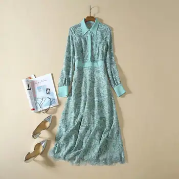 

High Quality Lace Dress 2019 Autumn Style Women Turn-down Collar Allover Crochet Lace Flowers Long Sleeve White Blue Dress Festa