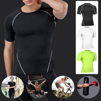 

2020 New Men's tight fitness exercise running training suit stretch speed suit short sleeve T-shirt top