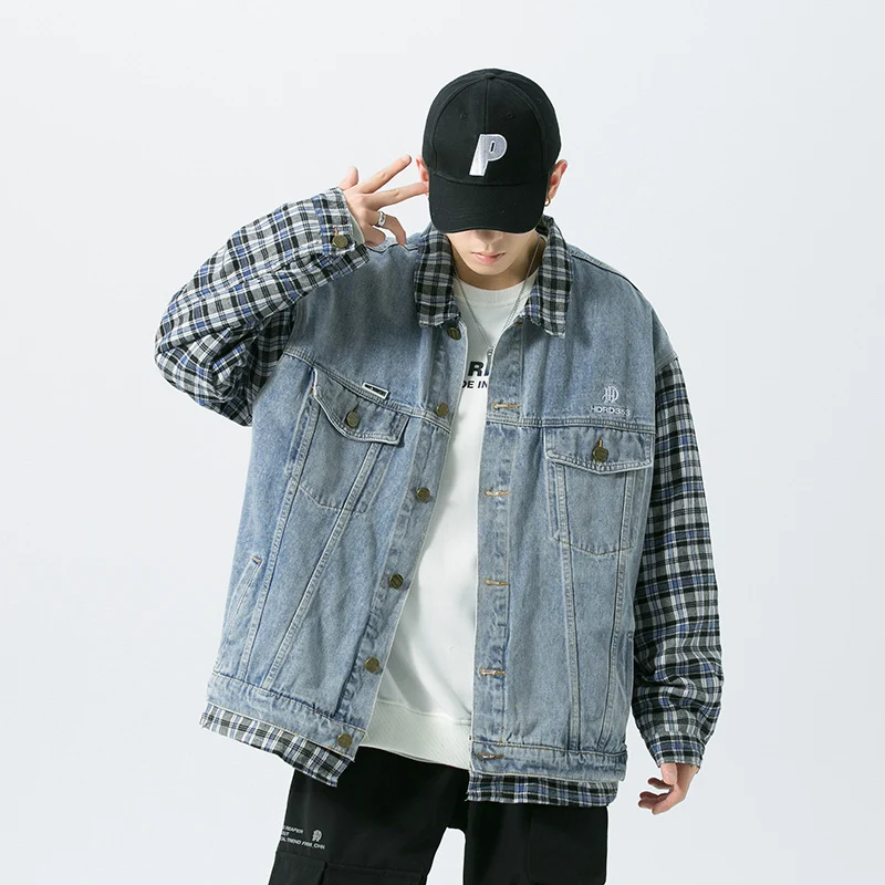 

Mens False Two Jeans Jackets and Coats Patchwork Plaid Sleeve Jacket for Men Denim Streetwear Designer M-5XL Oversized Outerwear