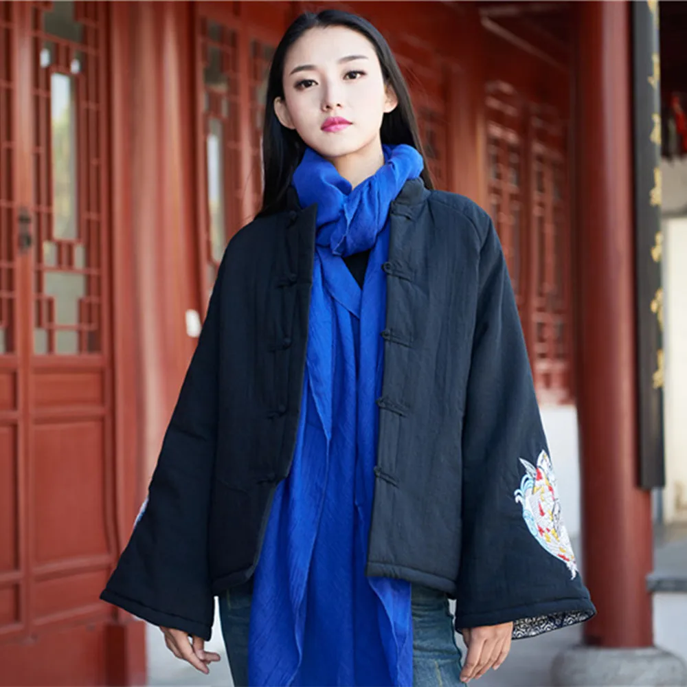 

Cotton Linen Women 2019 Winter Plus Cotton Padded Coat Embroidery Warm Soft Chinese Retro Style Linen Parkas