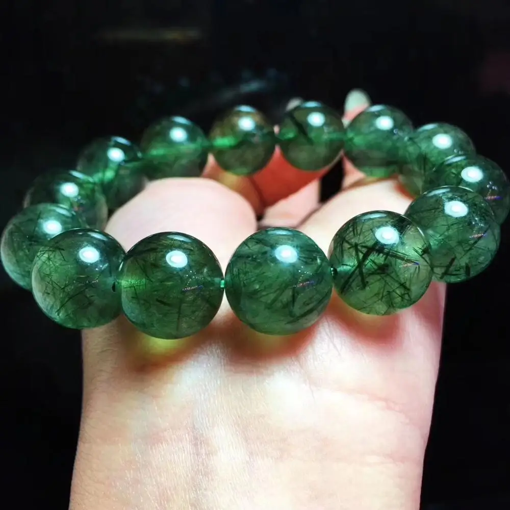 

Genuine Brazil Natural Green Rutilated Quartz Gemstone Bracelet 14.5mm Women Man Stretch Crystal Round Beads Bracelet AAAAA