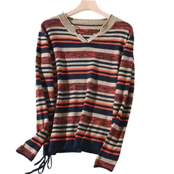 Осень 2019, хлопковый льняной пуловер, свитер для женщин, мягкая полоса, v-образный вырез, Свитера с длинными рукавами, женские вязаные топы